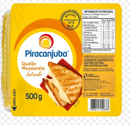 QUEIJO MUSSARELA FATIADA PIRACANJUBA 500G